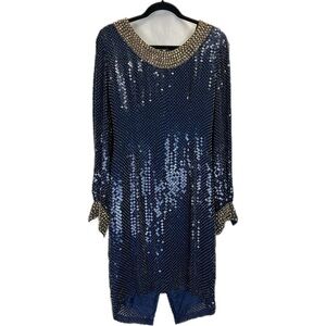 OLEG CASSINI BlackTie Navy Blue & Gold Silk Shimmery Dress W/Beads & Seq…